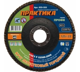 ПРАКТИКА Круг лепестковый торцевой 125х22мм Р40 1шт Профи 032-355