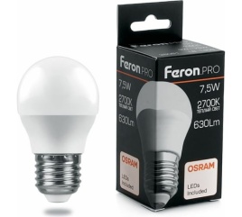 *Feron.PRO LB-1407 Лампа светодиодная шар 7,5W 630Lm G45 E27 2700K OSRAM LED