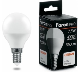 *Feron.PRO LB-1407 Лампа светодиодная шар 7,5W 650Lm G45 E14 4000K OSRAM LED