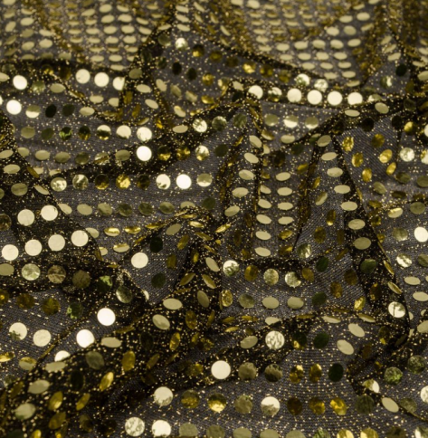 Трикотажн. полотно Пайетка МОНЕТКА , золото на черном.(100%полиэстер) фото 1
