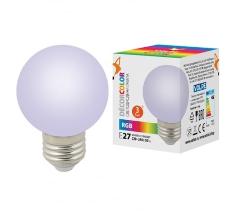  Лампа декорат. светод. "шар", матовая.RGB.ТМ Volpe.LED-G60-3W/RGB/E27/FR/С фото 1
