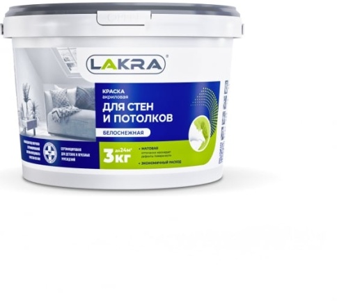 Лакра Краска в/д для стен и потолков Белоснежная 3кг. фото 1