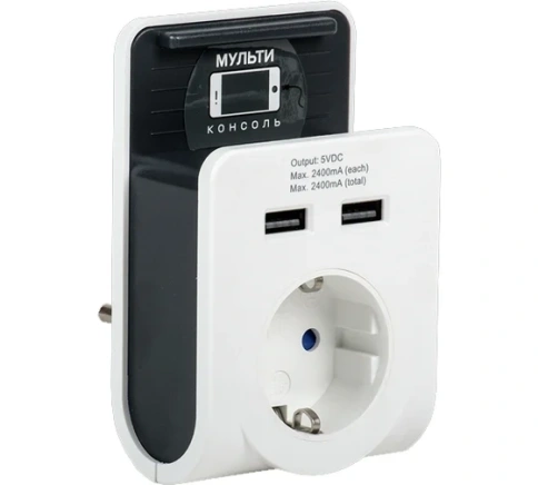 ИЭК Адаптер Т-02/01 1розетка, 2USB 2,4A фото 1