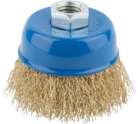 Корщетка, тип "чашка", гайка М14, стальная латун. волнистая проволока 65 мм. (38941М) фото 1