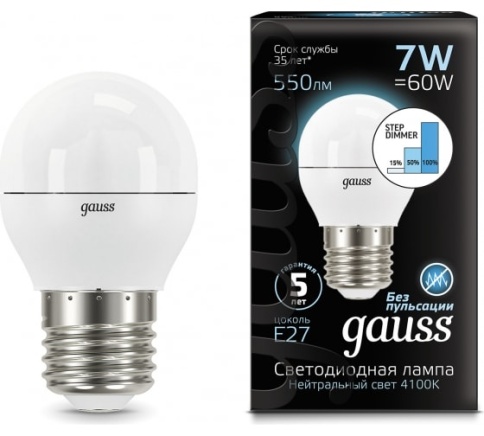 Лампа Gauss LED Glode-dim E27 7W 4100K step диммируемая 105102207-S фото 1