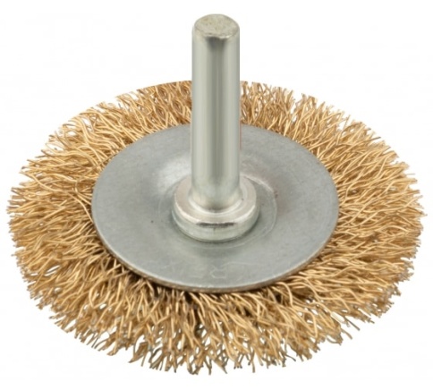 Корщетка дисковая прямая, со шпилькой, стальная латун. волнистая проволока 100 мм. (38465)  фото 1