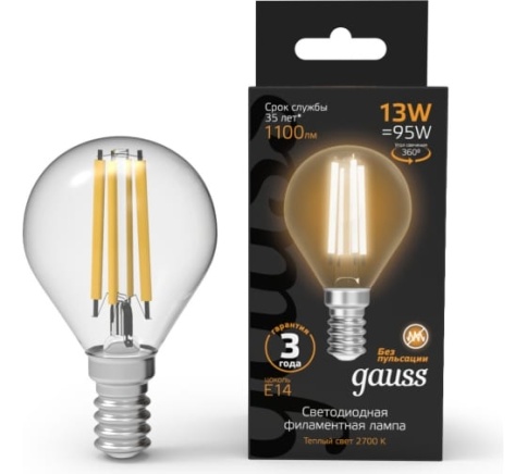 Лампа Gauss LED Black-Filament 13Вт Р45 шар 2700К E14 (105801113) фото 1