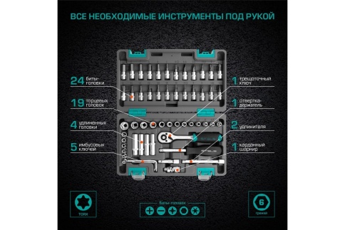 Набор инструментов 1/4", СrV, пластиковый кейс 57 предм. фото 1