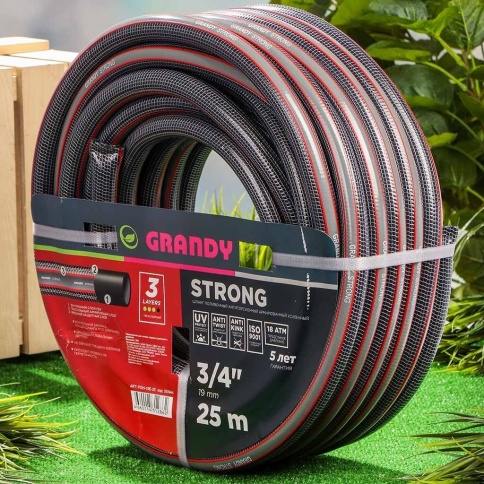 Шланг поливочный, 3/4 '', 19 мм, 18 атм, армированный, 25 м, 3 слоя, Grandy, Strong, ПВХ, PGH-19E-25 фото 1