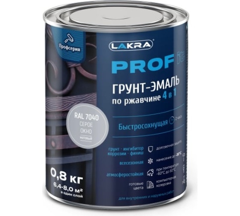 Лакра PROF IT Грунт-эмаль по ржавчине 4в1 быстросохнущая 0,8кг Серое окно RAL9040 фото 1