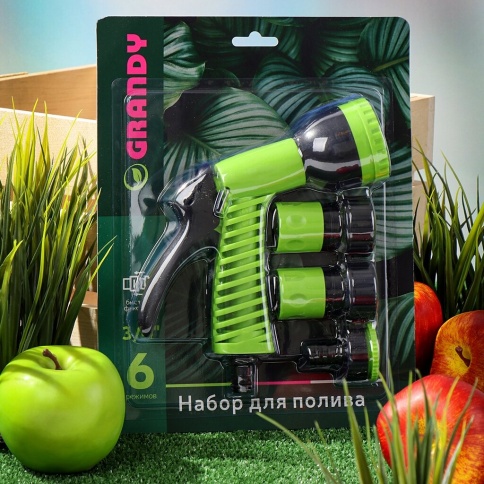 Полив Набор д/полива 4 предмета (пистолет 6 режимов + 3 фитинга) GRANDY JS-9366 (351360) фото 1