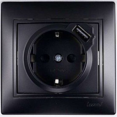 *Lezard Розетка с/з+USB разъем чёрный бархат Мира  фото 1