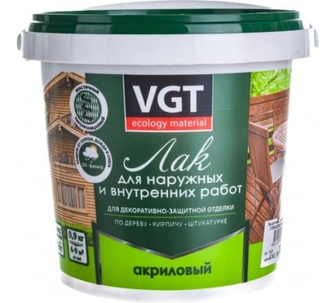 ВГТ Лак акриловый для нар/внутр. работ ГЛЯНЦЕВЫЙ бесцветный 0.9 кг фото 1