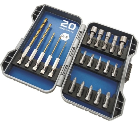 (*)Ормис Набор бит CrV, свёрл HSS/TIN и торцевых головок CrV пласт. бокс, 20 предметов (33-2-718) фото 1