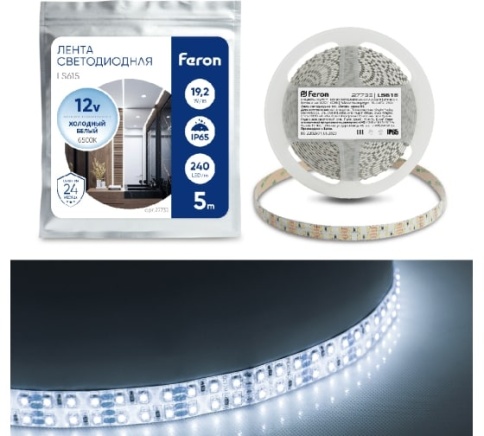 Feron LS615  Лента свд 19.2W/m 12V IP65 240Led/m 6500K (уп.5м)  фото 1