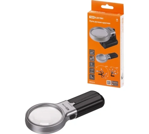 TDM Лупа ручная круглая, d60мм, 3-х крат.увел., рукоятка-трансформер, LED, 2ХАА SQ фото 1