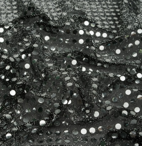 Трикотажн. полотно Пайетка МОНЕТКА , серебро на черном.(100%полиэстер) фото 1