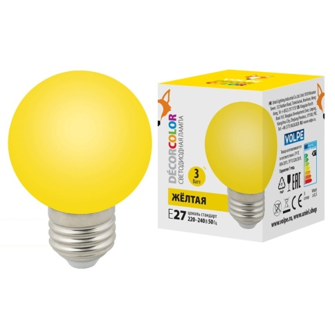 Лампа декорат. светод."шар", матовая.желтый.ТМ Volpe. LED-G60-3W/YELLOW/E27/FR/С  фото 1